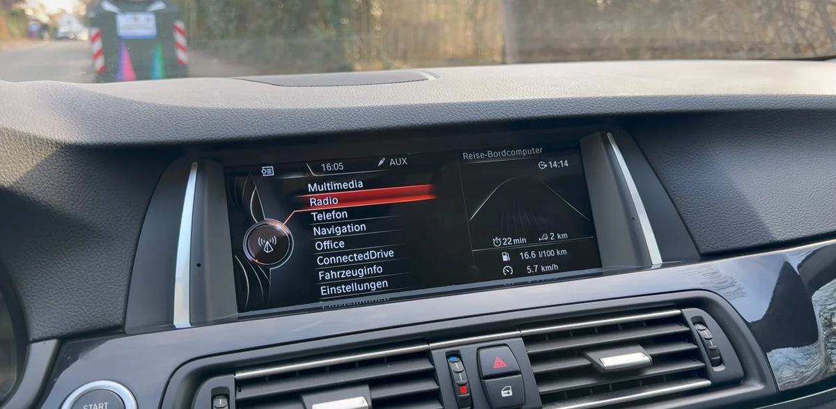 BMW 5 Series F10 and 7 Series F01 with BimmerBunny 10.25-inch Android touchscreen displaying the original BMW iDrive menu