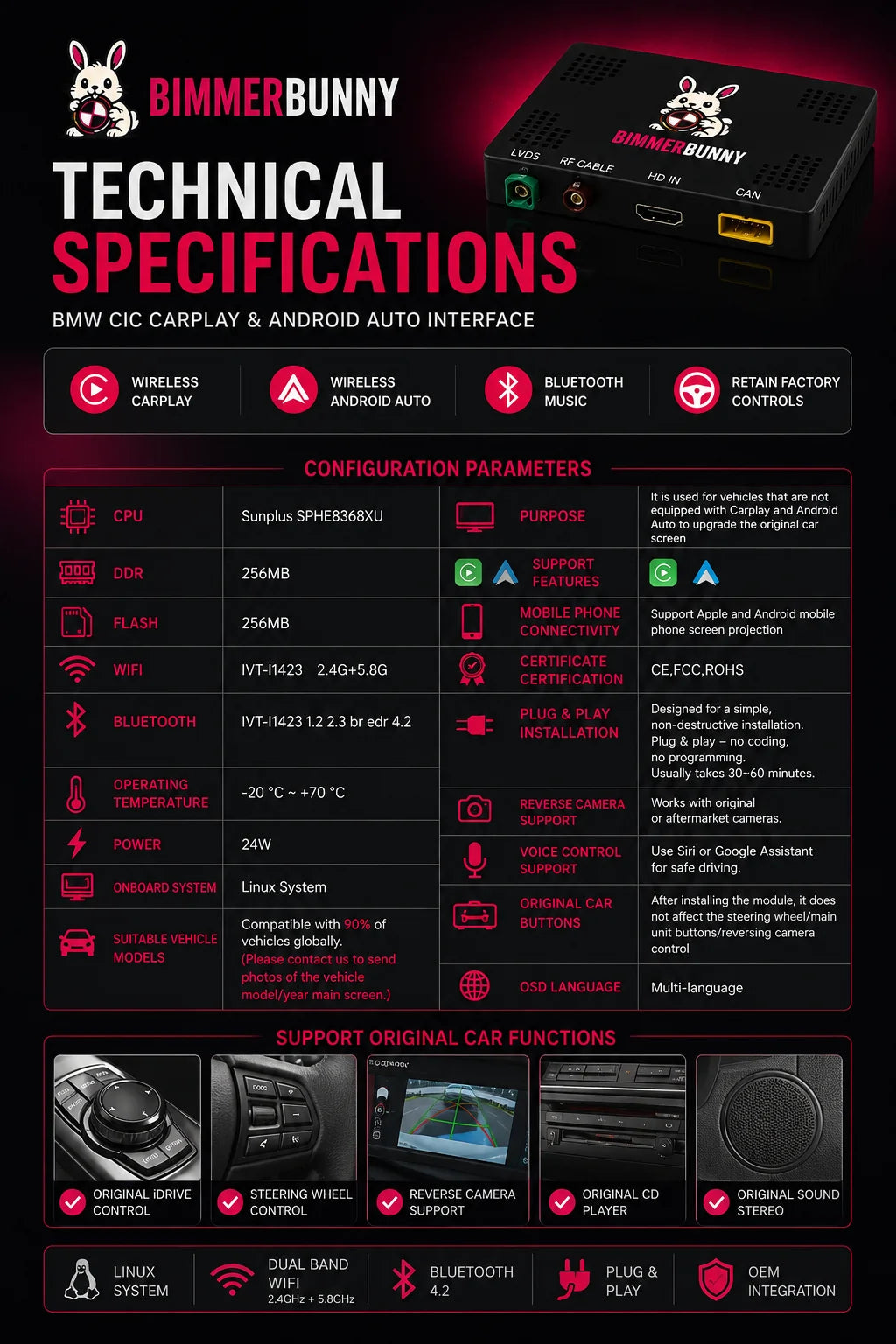 BMW CIC CarPlay and Android Auto interface technical specifications with Linux system, dual-band WiFi, Bluetooth 4.2, OEM integration, iDrive control, steering wheel controls and reverse camera support.