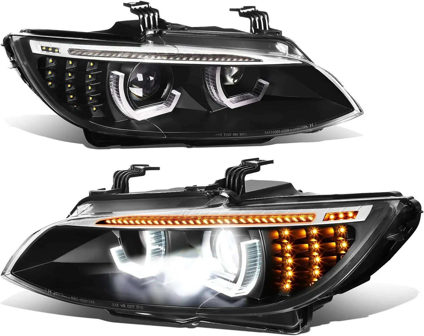 BMW E92 E93 LED headlight upgrade with U-shaped DRLs, startup animation and sequential turn indicator