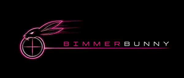 A neon pink and white logo for 'BimmerBunny' featuring a stylized rabbit head inside a target with motion lines, set against a solid black background.