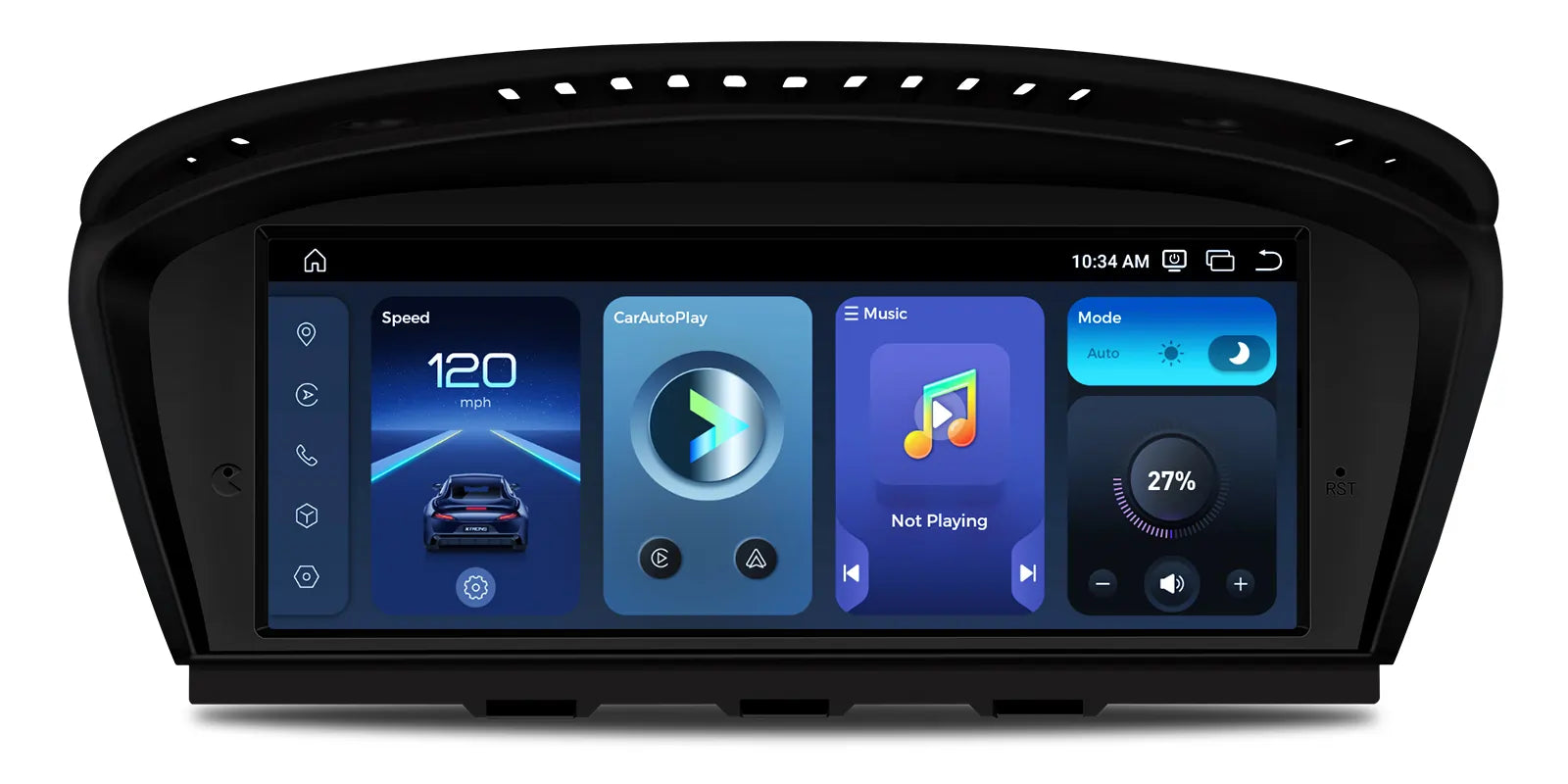 Android dashboard interface on BMW 3 Series infotainment screen showing speed, media and car mode