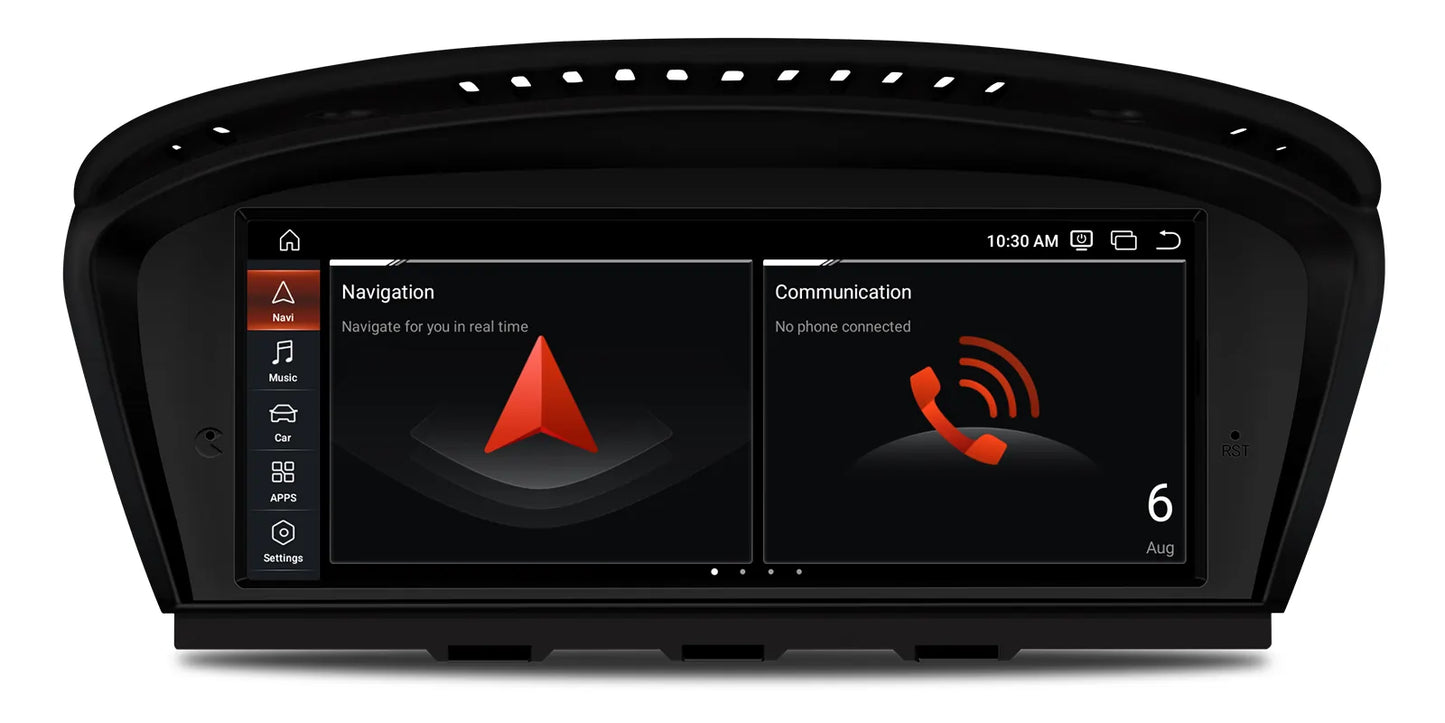 Android infotainment interface on BMW 3 Series showing navigation and phone communication screen