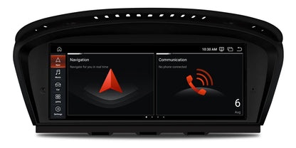 Android infotainment interface on BMW 3 Series showing navigation and phone communication screen