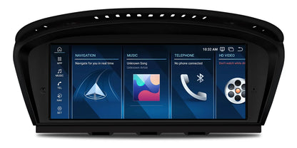 OEM-style Android infotainment menu on BMW 3 Series screen with navigation, music and phone panels