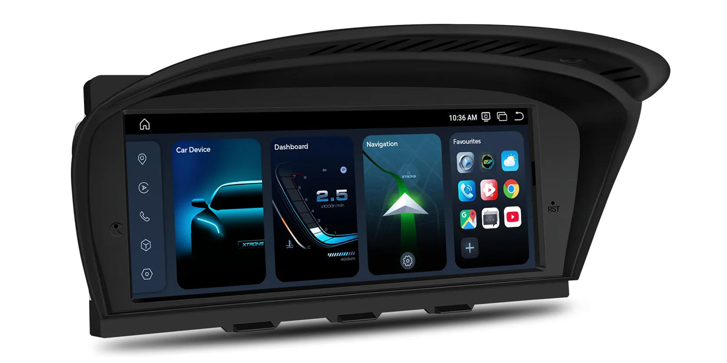 Android infotainment screen for BMW 3 Series E90 E91 E92 E93 showing modern home dashboard with navigation, vehicle data and app shortcuts compatible with Apple CarPlay and Android Auto
