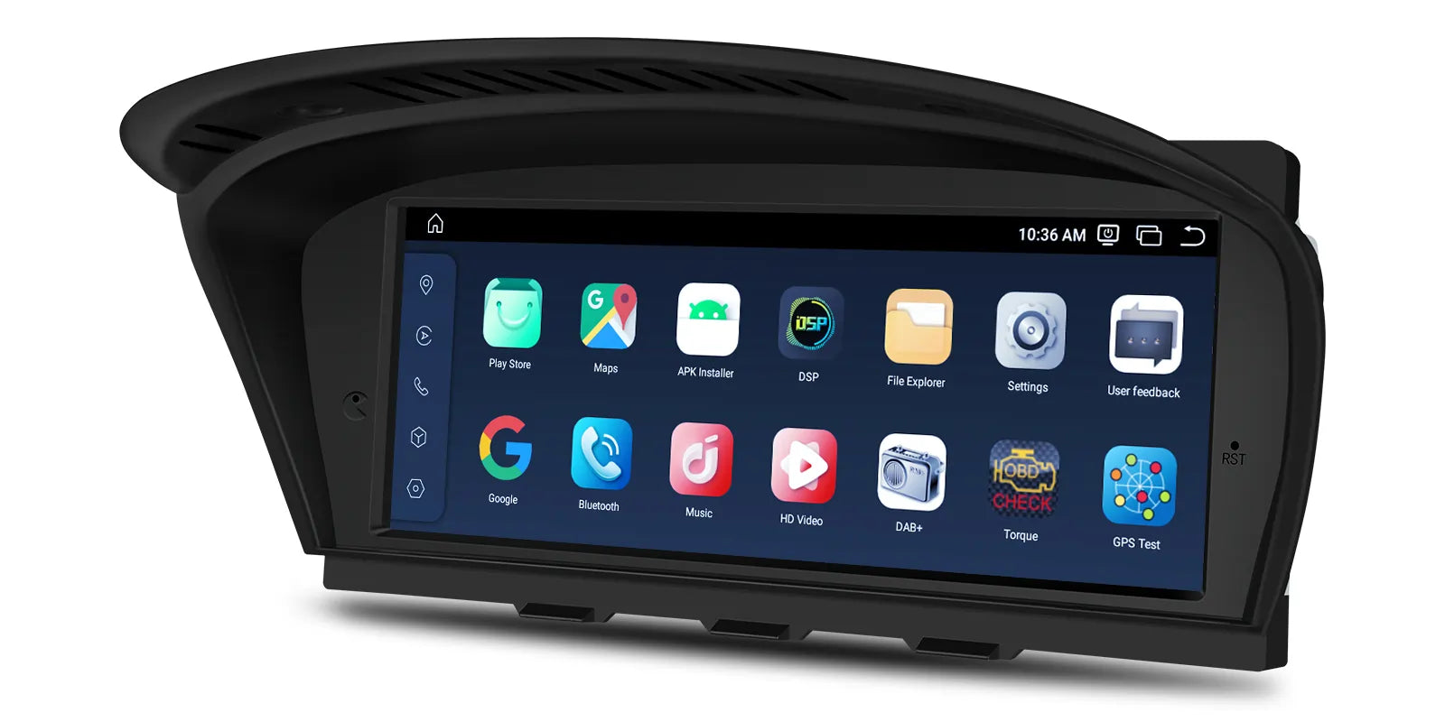 Android infotainment home screen on BMW 3 Series E90 E91 E92 E93 showing app layout including Google Maps, Bluetooth, Spotify and system settings