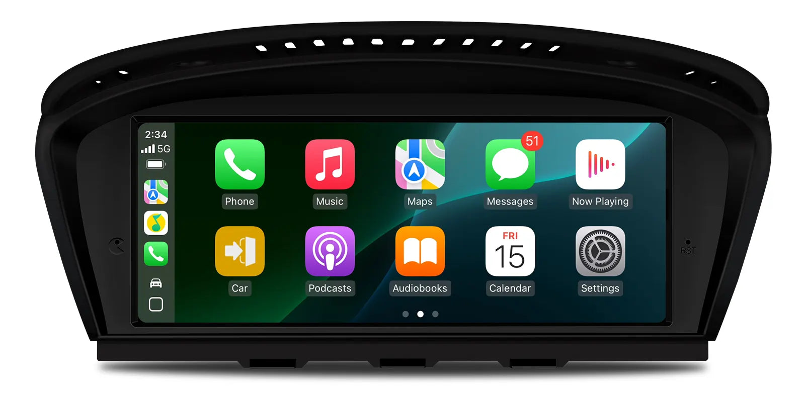 Apple CarPlay home screen on BMW 3 Series E90 E91 E92 E93 showing Phone, Music, Maps, Messages and media apps