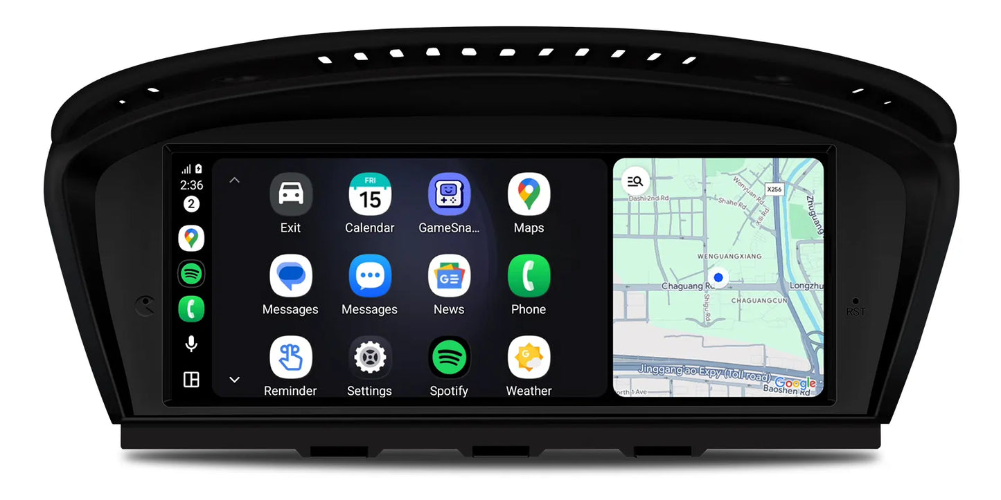 Apple CarPlay split screen on BMW 3 Series E90 E91 E92 E93 showing apps and Google Maps navigation on a factory-style infotainment display