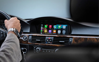 BMW 3 Series E90 E91 E92 E93 dashboard with Apple CarPlay and Android Auto displayed on original factory screen