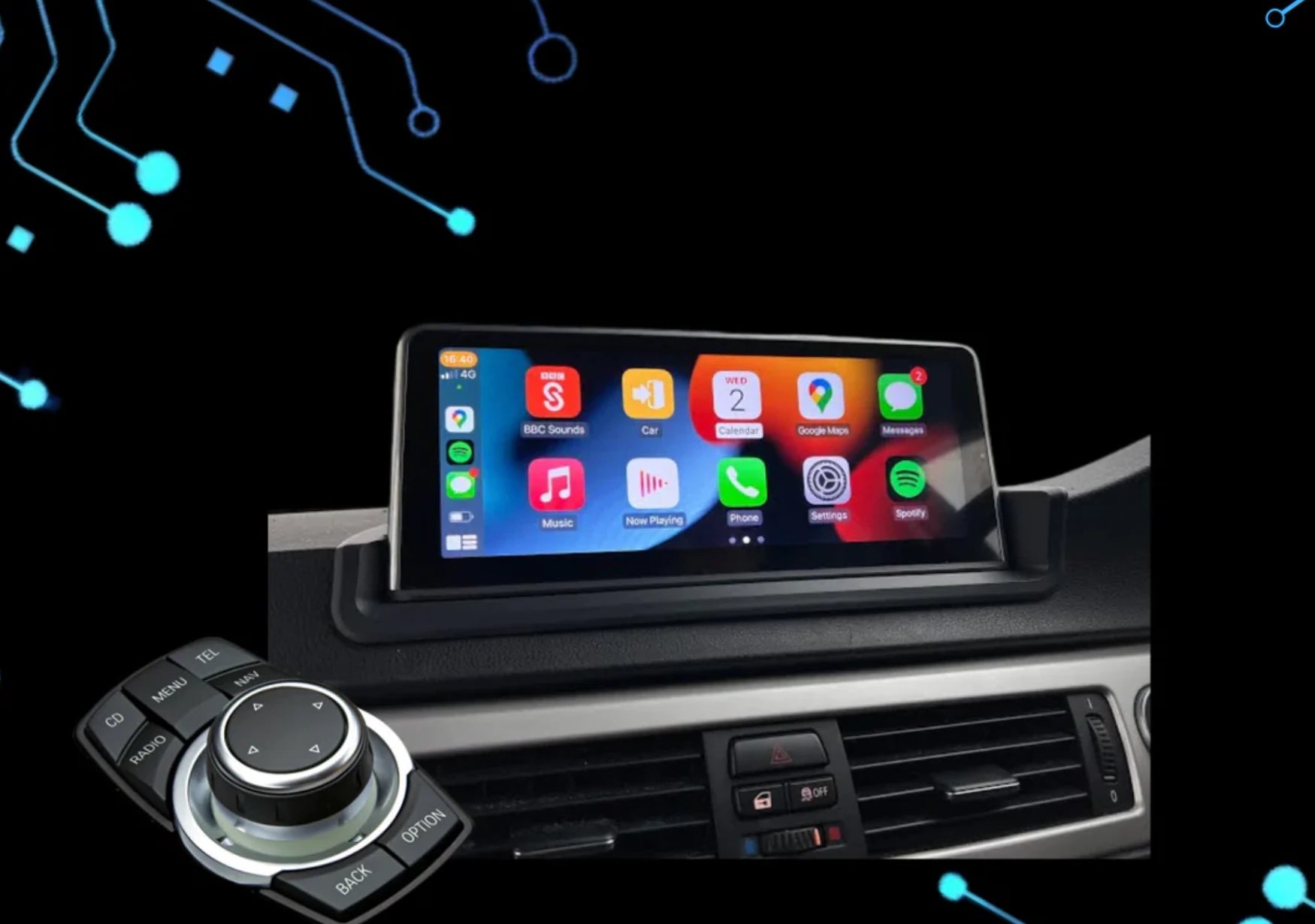 BMW 3 Series E90 E91 E92 E93 without factory screen Apple CarPlay display including iDrive control knob and controller integration