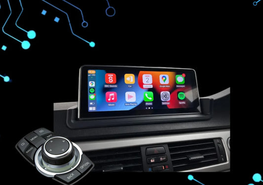 BMW 3 Series E90 E91 E92 E93 without factory screen Apple CarPlay display including iDrive control knob and controller integration