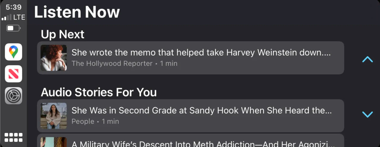 BMW infotainment screen with Apple CarPlay showing audio news playback and media interface