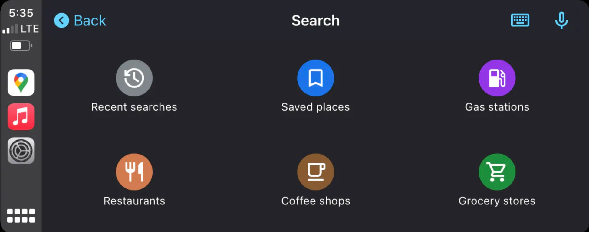 BMW infotainment screen in Apple CarPlay mode showing navigation, saved places, restaurants and gas stations