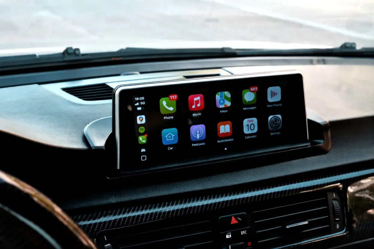 BMW dashboard infotainment screen upgrade installed with Apple CarPlay interface and OEM-style wide display