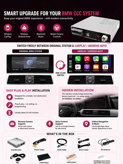BMW CCC Wireless Apple CarPlay and Android Auto MMI Interface with Plug and Play Installation, Hidden Dashboard Integration, Voice Control, Bluetooth Music, Online Navigation and Original BMW iDrive Support