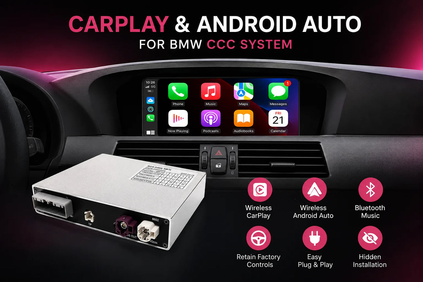 BMW CCC Wireless Apple CarPlay and Android Auto MMI Interface for E60 E61 E90 E91 E92 E93 with Plug and Play Installation, Bluetooth Music Streaming and Original BMW iDrive Control Support