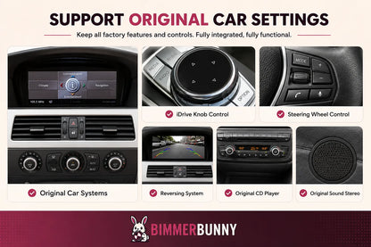 BMW CCC CarPlay and Android Auto Interface retaining original BMW functions including iDrive controller, steering wheel controls, reverse camera support, original sound system and factory menu access