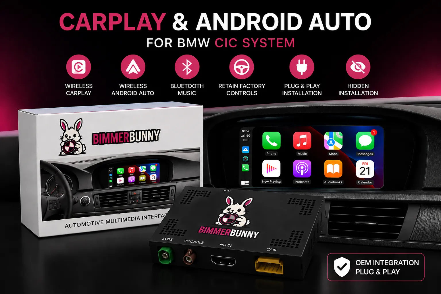 BimmerBunny automotive multimedia interface with CarPlay and Android Auto compatibility for BMW CIC system.