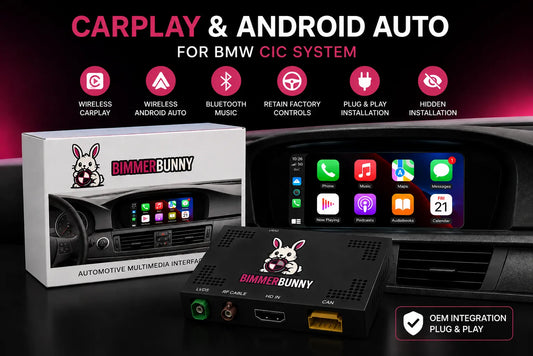 BimmerBunny automotive multimedia interface with CarPlay and Android Auto compatibility for BMW CIC system.