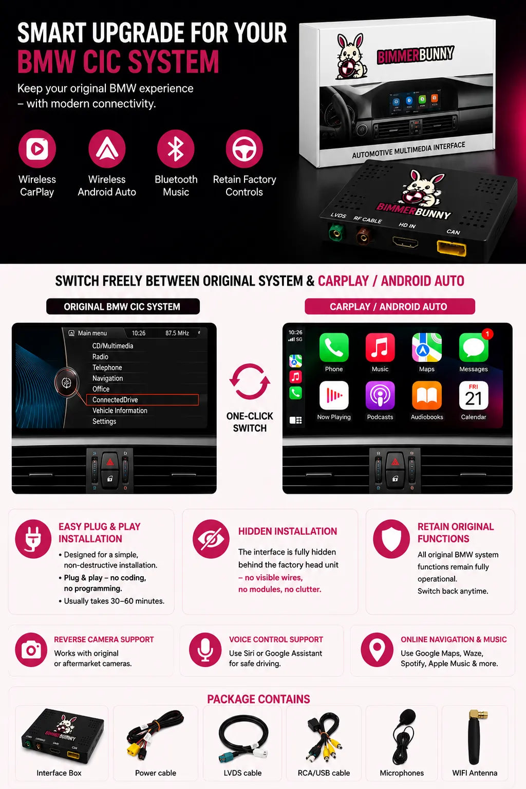 BMW CIC CarPlay and Android Auto Interface Features Overview with OEM Integration, Wireless CarPlay, Android Auto, Voice Control and Plug and Play Installation