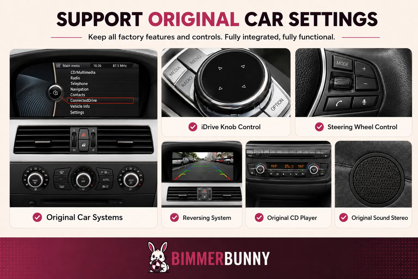 BimmerBunny BMW CIC CarPlay Interface Retains Original iDrive Controls, Steering Wheel Buttons, Parking Sensors, Audio System and Factory Vehicle Functions