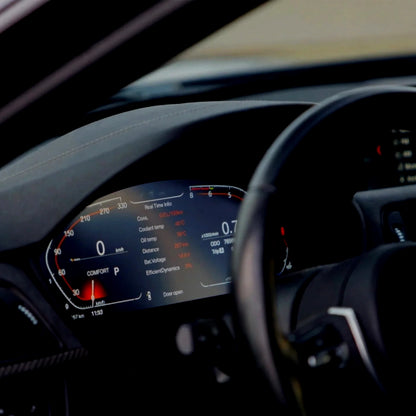 BMW digital instrument cluster showing real-time driving data, temperatures, efficiency and performance metrics