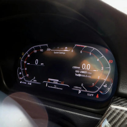 BMW digital cluster upgrade with full LCD display showing live driving data and M-style design