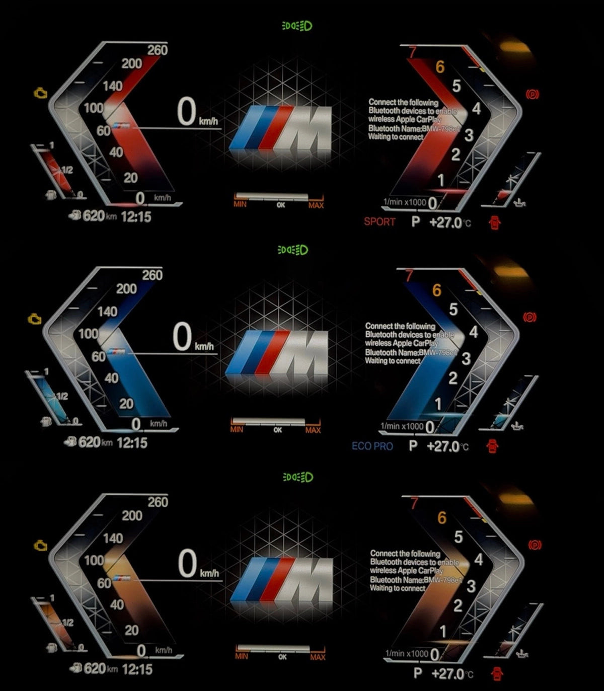 BMW digital instrument cluster with wireless CarPlay connection display and multiple customizable dashboard color modes