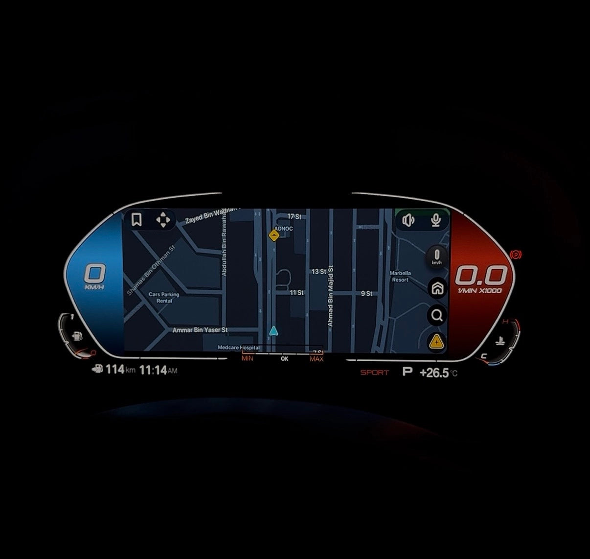 BMW digital instrument cluster displaying CarPlay navigation with full-width map view, speed and driving information