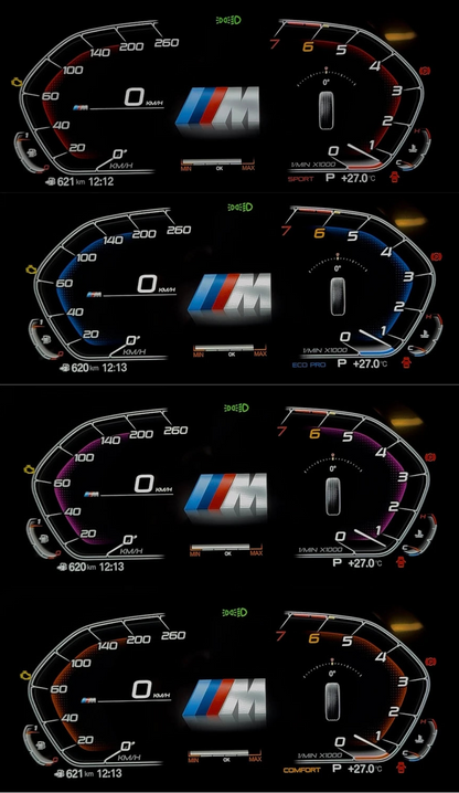 BMW digital instrument cluster showing four customizable dashboard color themes with M-style display