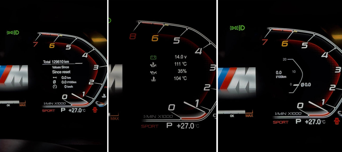 BMW digital instrument cluster displaying live vehicle data including temperatures, battery voltage and driving information