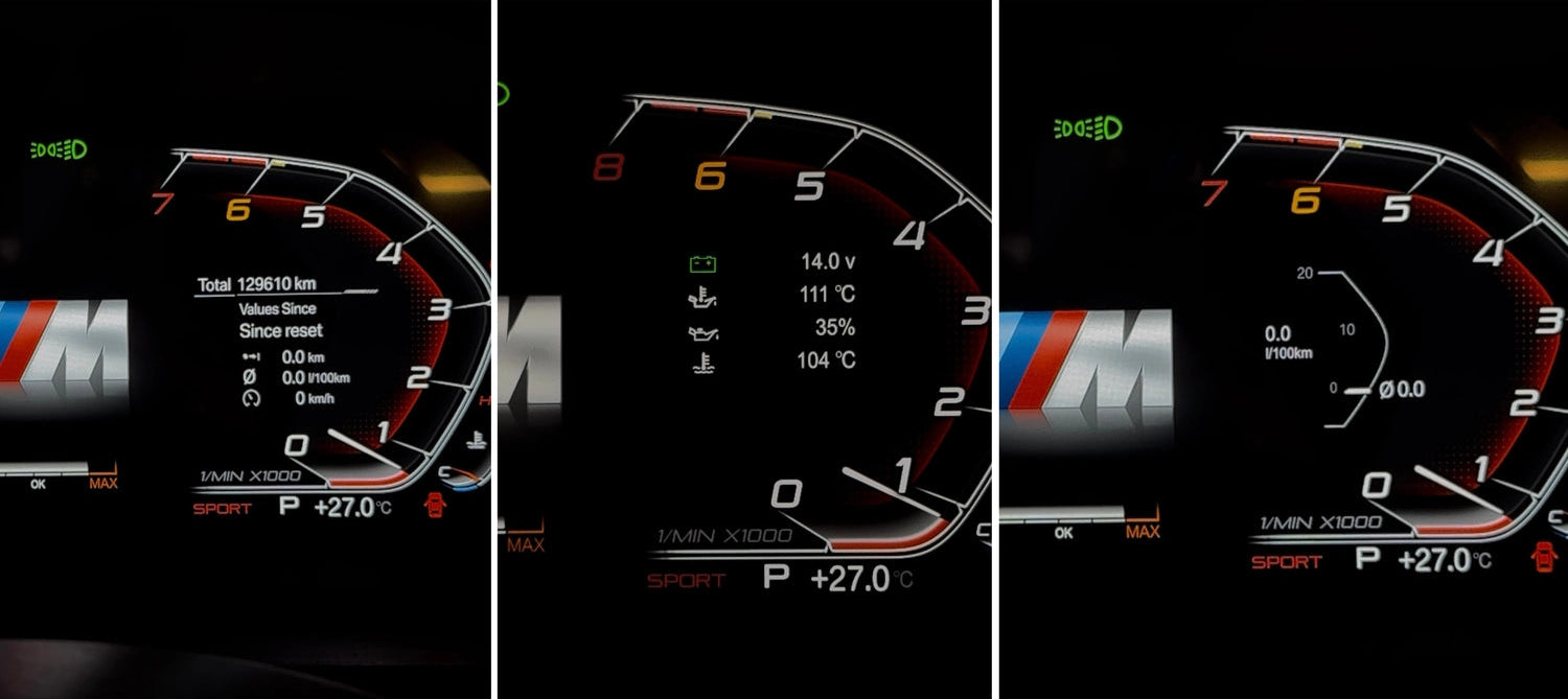 BMW digital instrument cluster displaying live vehicle data including temperatures, battery voltage and driving information