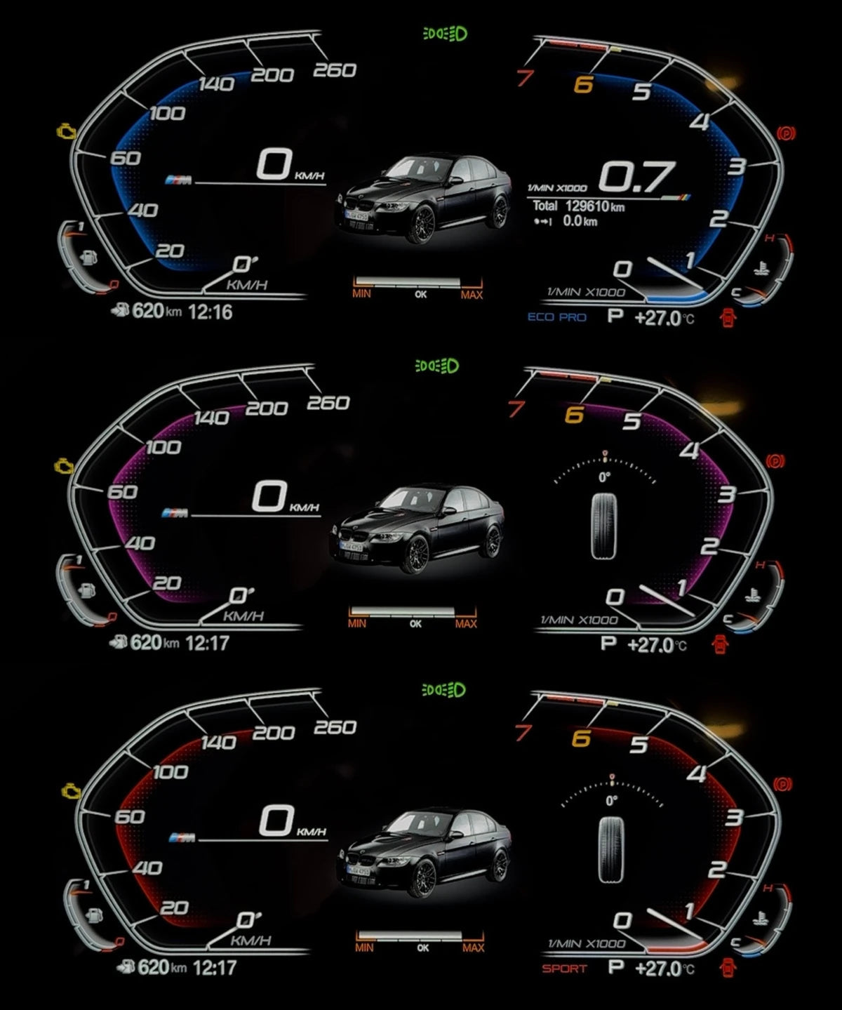 BMW digital instrument cluster with vehicle visualization and customizable dashboard themes
