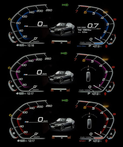 BMW digital instrument cluster with vehicle visualization and customizable dashboard themes