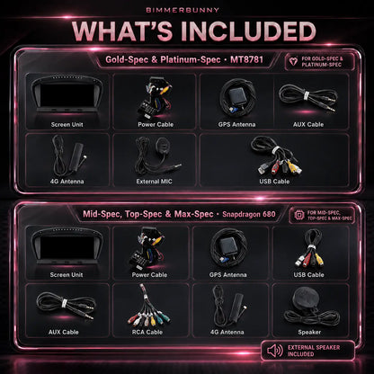 E-Series Android touchscreen package contents for CarPlay screen upgrade with GPS antenna, AUX cable, USB cable, 4G antenna, microphone and Snapdragon 680 or MT8781 hardware