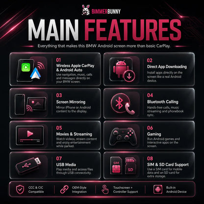 E-Series Android screen main features with wireless CarPlay, Android Auto, app downloads, screen mirroring, USB, SIM card, SD card, movies, gaming and hands-free calling