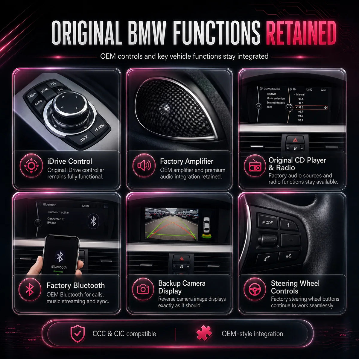 BMW E-Series Android screen upgrade retaining original iDrive controls, steering wheel controls, factory Bluetooth, amplifier, radio and backup camera