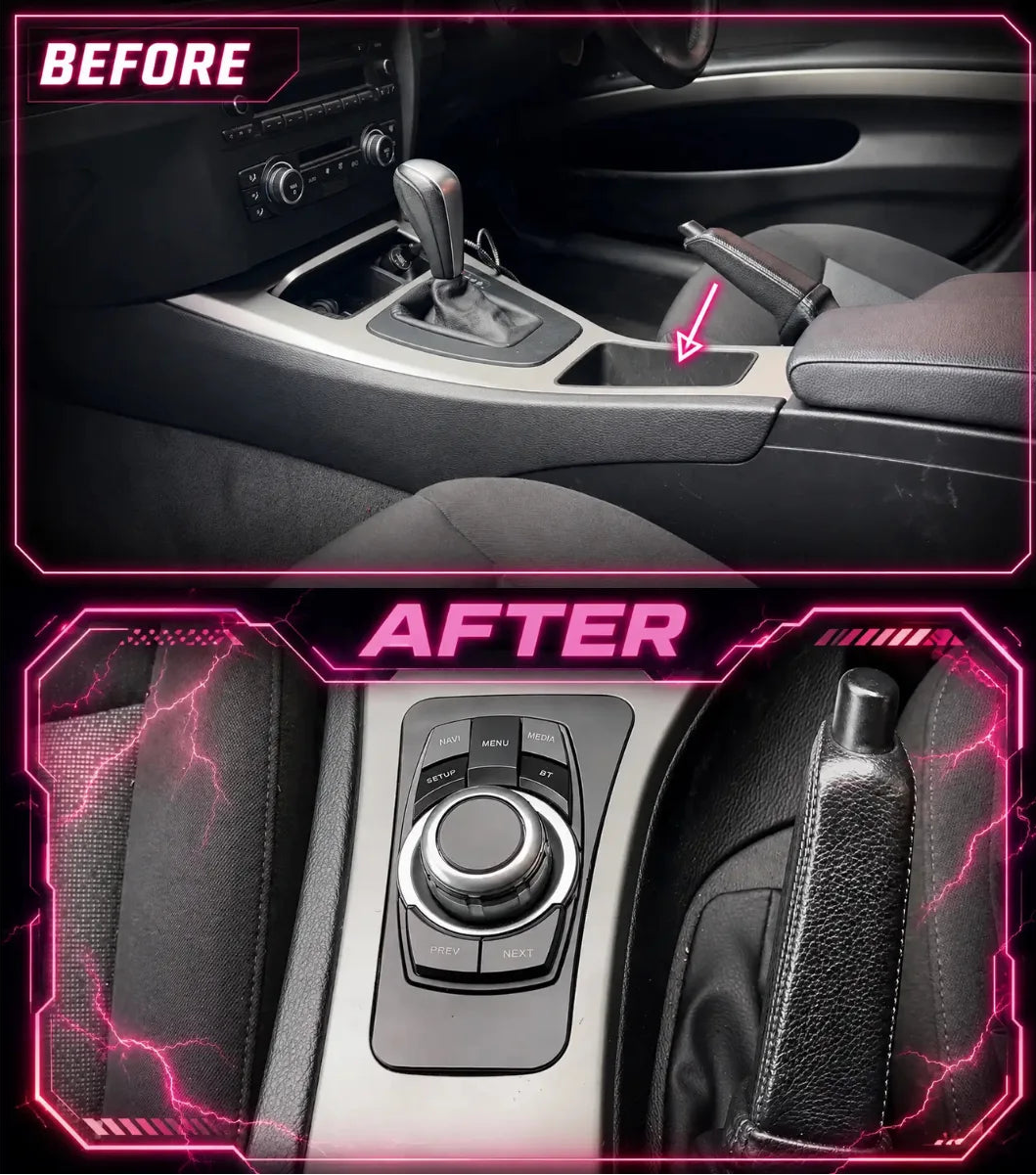 BMW E90 E91 E92 E93 center console before and after installing the aftermarket iDrive-style control knob for an Android screen upgrade