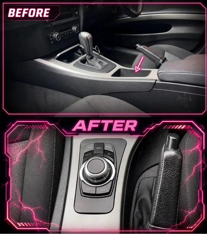 BMW E90 E91 E92 E93 center console before and after installing the aftermarket iDrive-style control knob for an Android screen upgrade