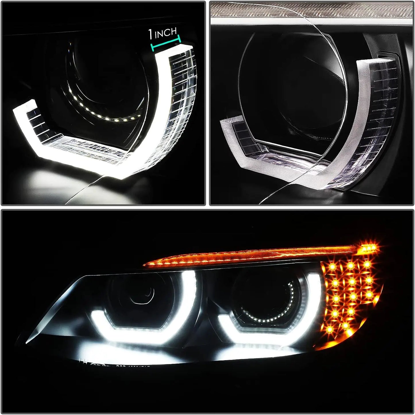BMW E92 E93 LED headlights with 3D crystal white DRLs and amber sequential turn indicator