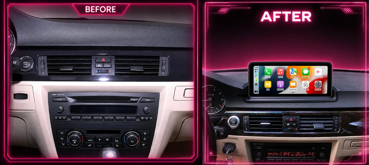 Before and after comparison of an in-dash bmw stereo system  android carplay touch screen installed in a dashboard. The left panel shows the stock dashboard without factory screen