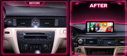 Before and after comparison of an in-dash bmw stereo system  android carplay touch screen installed in a dashboard. The left panel shows the stock dashboard without factory screen