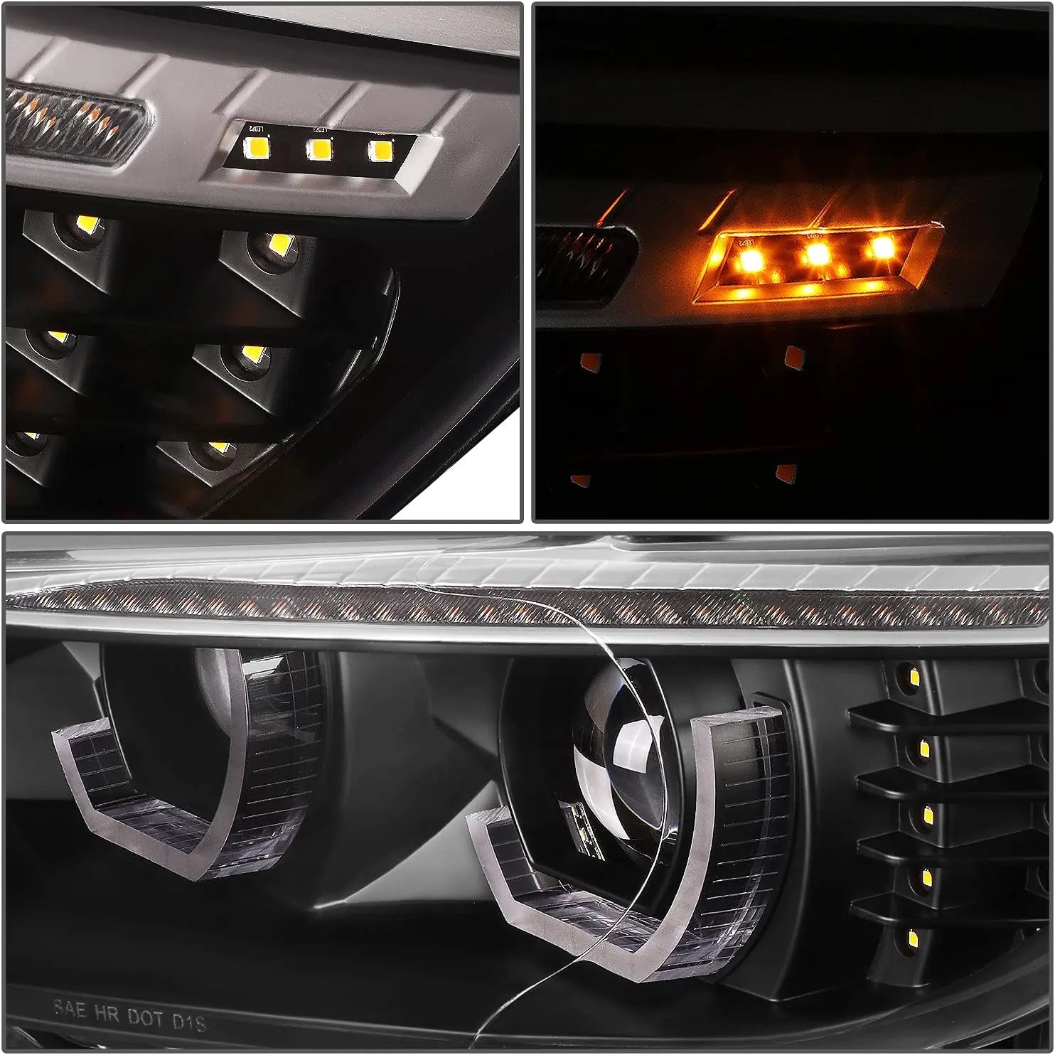 BMW E92 E93 LED headlight detail showing amber side marker LEDs, sequential turn signal and 3D crystal DRL design