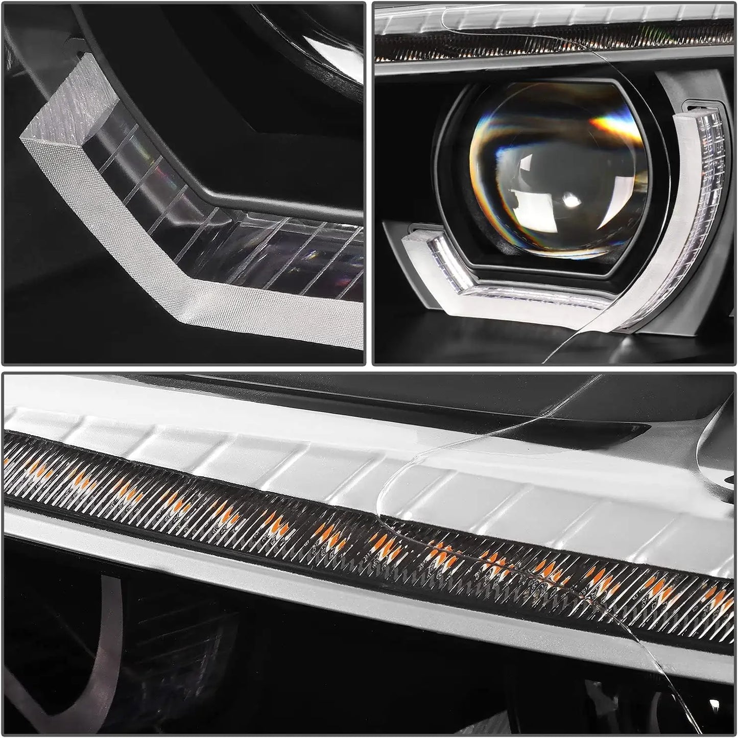 Close-up of BMW E92 E93 LED headlight showing 3D crystal DRL, projector lens and upper LED light bar