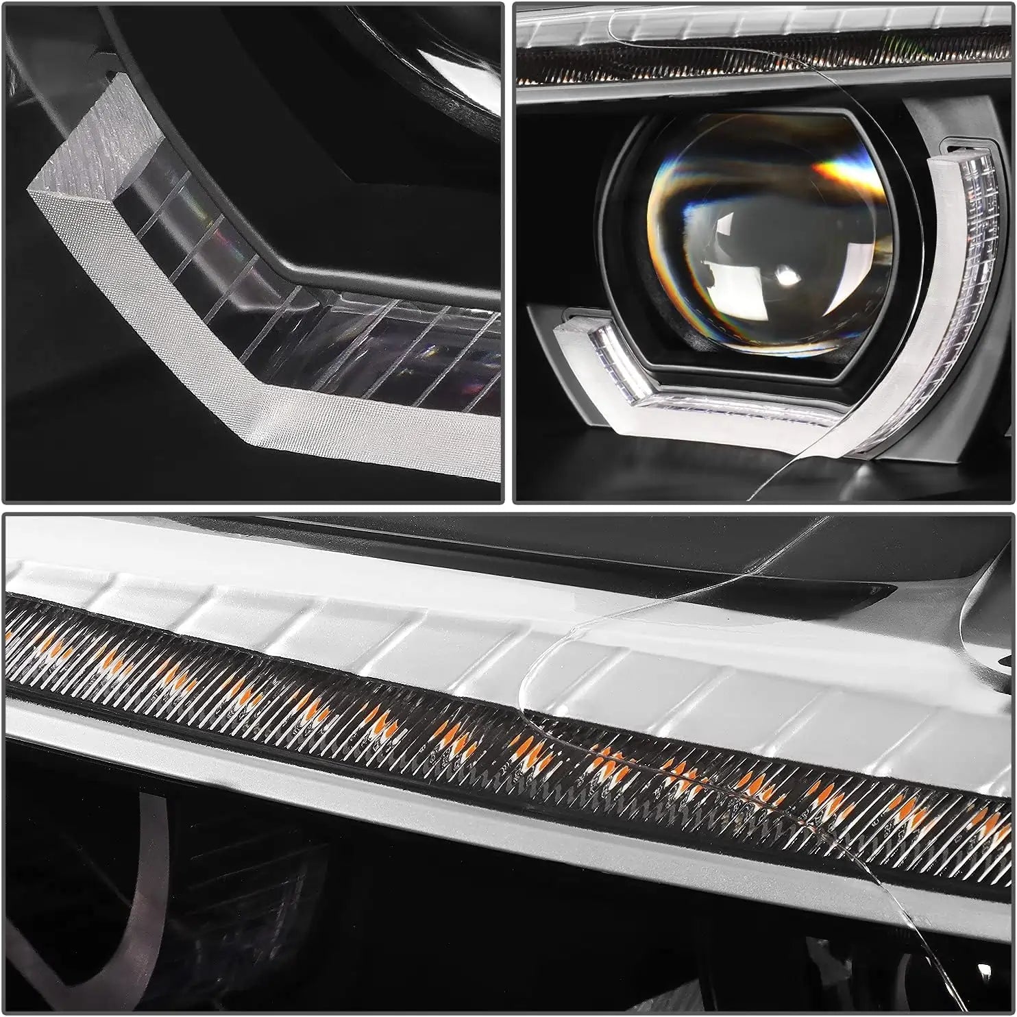 Close-up of BMW E92 E93 LED headlight showing 3D crystal DRL, projector lens and upper LED light bar