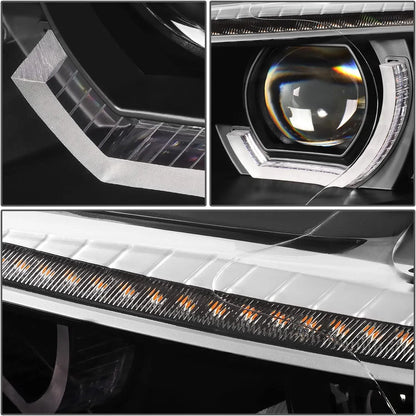 Close-up of BMW E92 E93 LED headlight showing 3D crystal DRL, projector lens and upper LED light bar