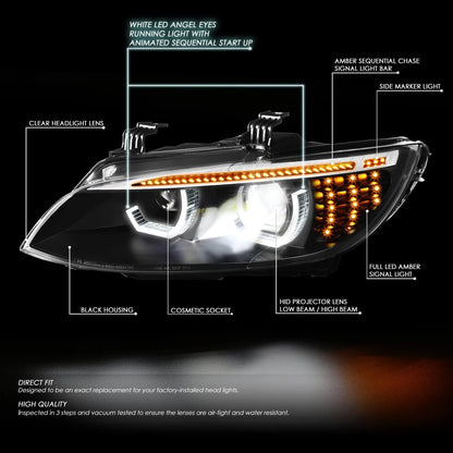 BMW E92 E93 LED headlight showing white angel eye DRLs, animated startup sequence, amber sequential turn signal, side marker and projector low/high beam