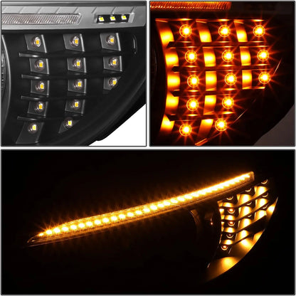 BMW E92 E93 LED headlight close-up showing amber sequential turn signal light bar and illuminated side indicator LEDs