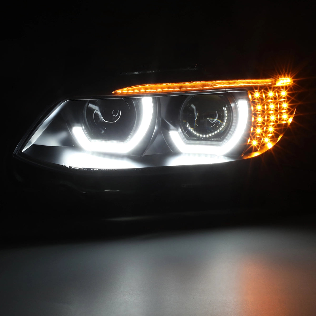 BMW E92 E93 LED headlight illuminated with white 3D crystal DRLs and amber sequential turn signal