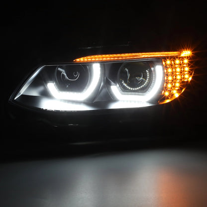 BMW E92 E93 LED headlight illuminated with white 3D crystal DRLs and amber sequential turn signal